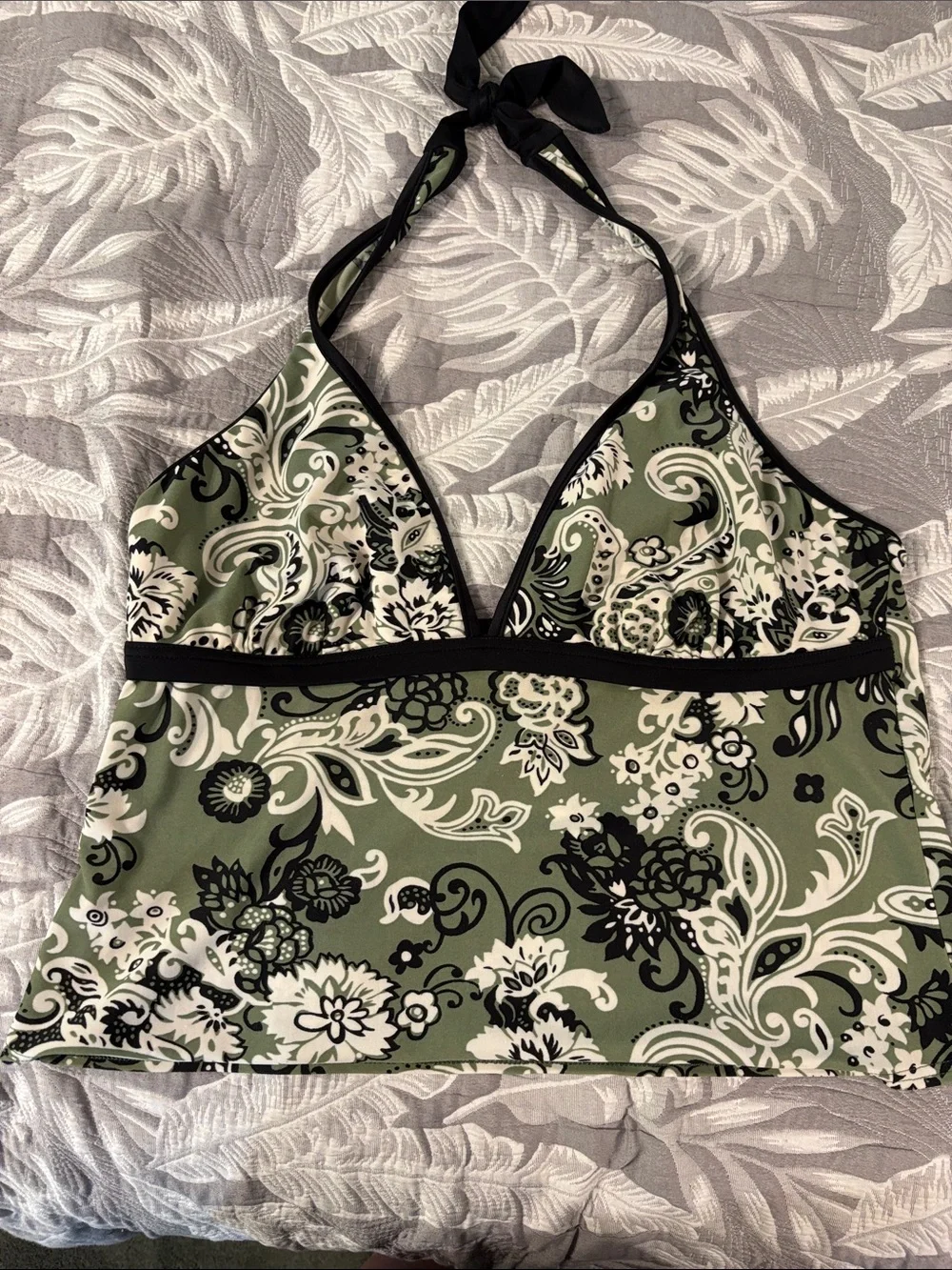 Olive Green Paisley Halter Tankini Set with Black Trim